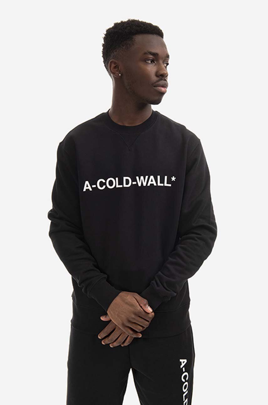 Bavlněná mikina A-COLD-WALL* Essential Logo Crewneck pánská, černá barva, s potiskem, ACWMW082.-LIGHTORANG