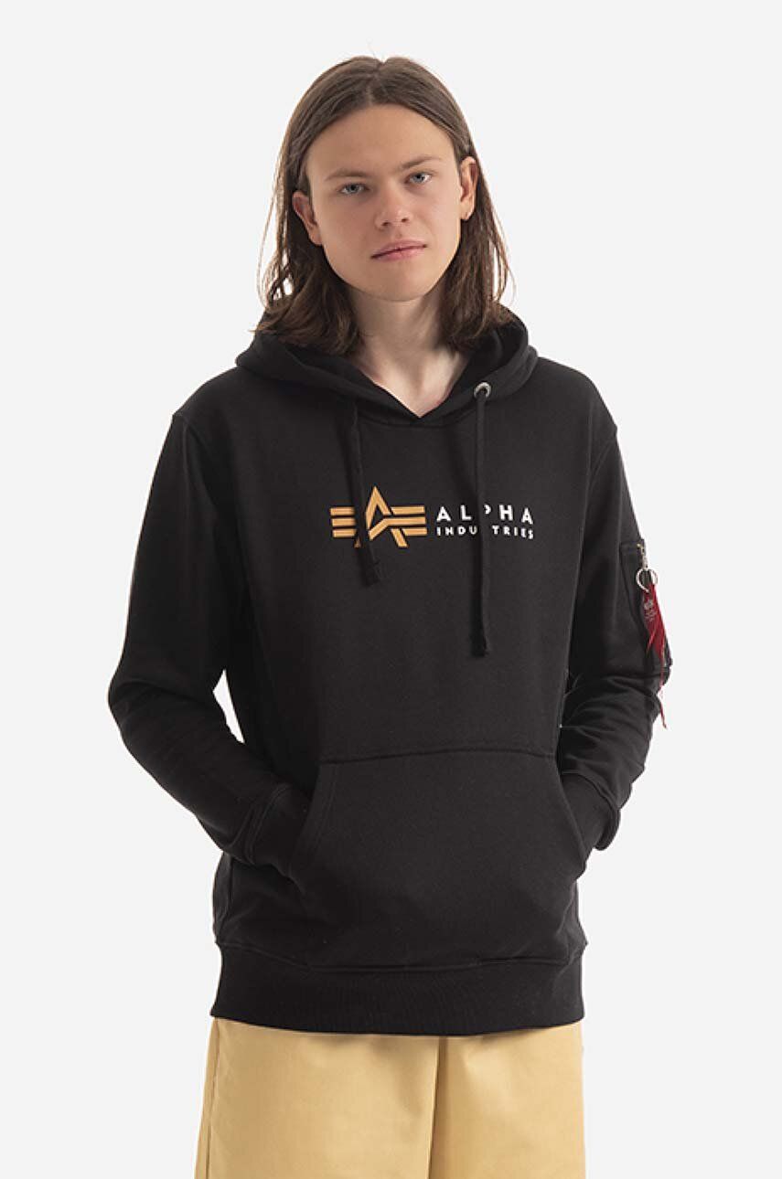 Levně Mikina Alpha Industries Alpha Label Hoody pánská, černá barva, s kapucí, s potiskem, 118331.03