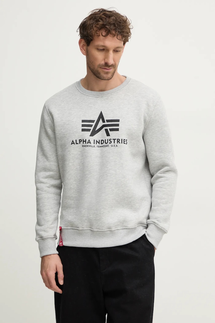 Alpha Industries bluză bluză Basic Sweater bărbați, culoarea gri, cu imprimeu 178302.17-grey Alpha Industries bluză bluză Basic Sweater bărbați, culoarea gri, cu imprimeu 178302.17-grey