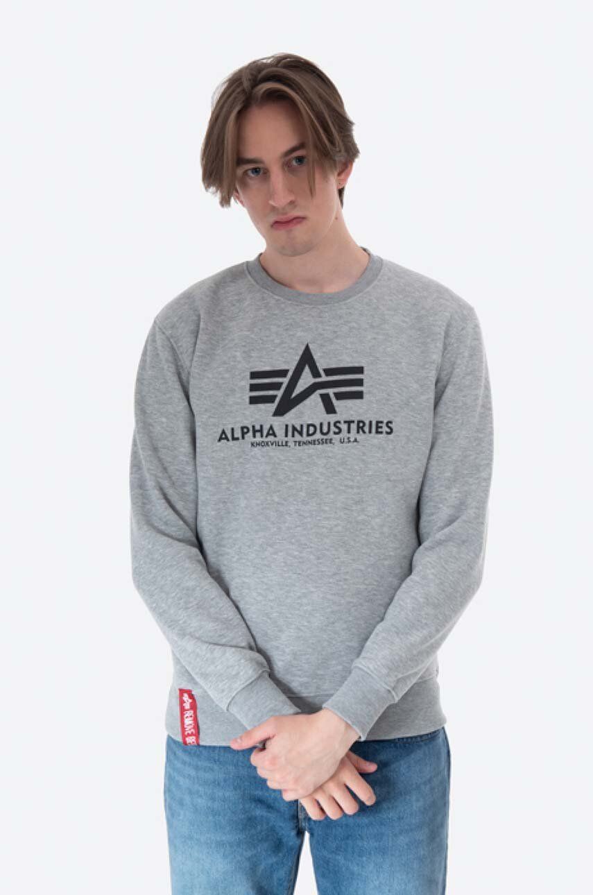 Mikina Alpha Industries Basic Sweater pánská, šedá barva, s potiskem, 178302.17 - šedá -  80 % 
