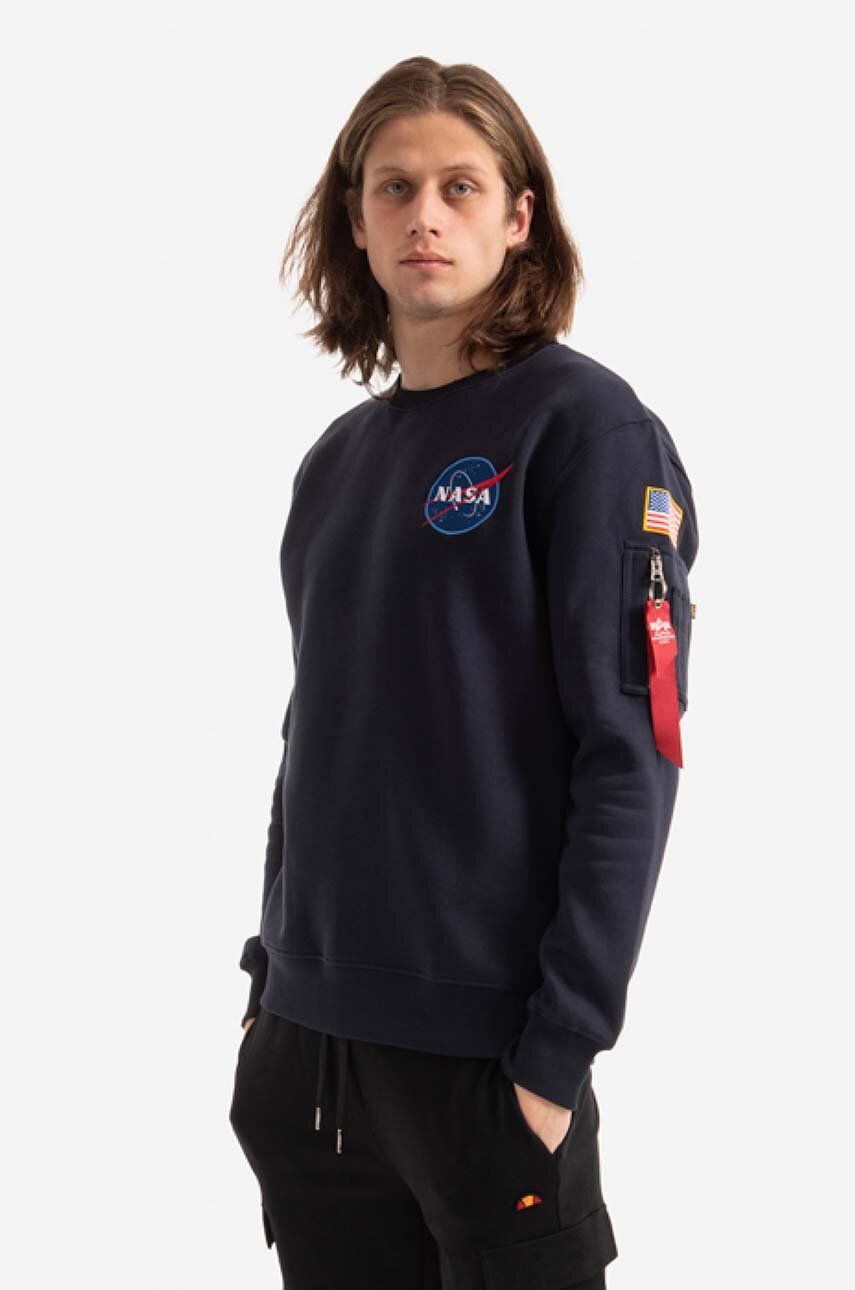 Levně Mikina Alpha Industries 178307 07 Space Shuttle Sweater pánská, tmavomodrá barva, s potiskem, 178307.07