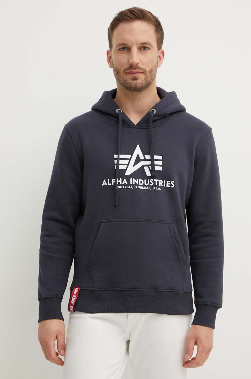 Alpha Industries bluză Basic Hoody bărbați, culoarea bleumarin, cu glugă, cu imprimeu 178312.02-navy