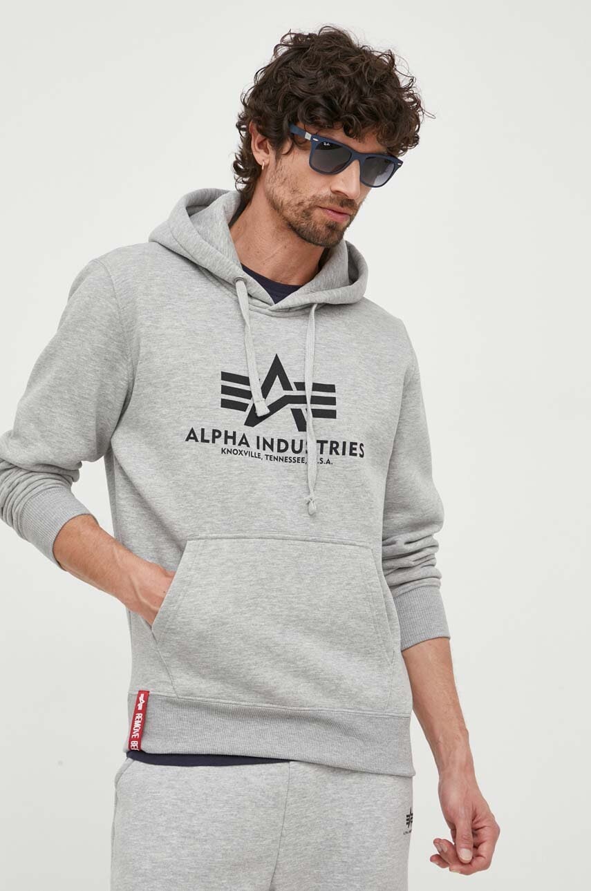 Alpha Industries Bluza Basic Hoody Barbati, Culoarea Gri, Cu Gluga, Cu Imprimeu 178312.17-grey