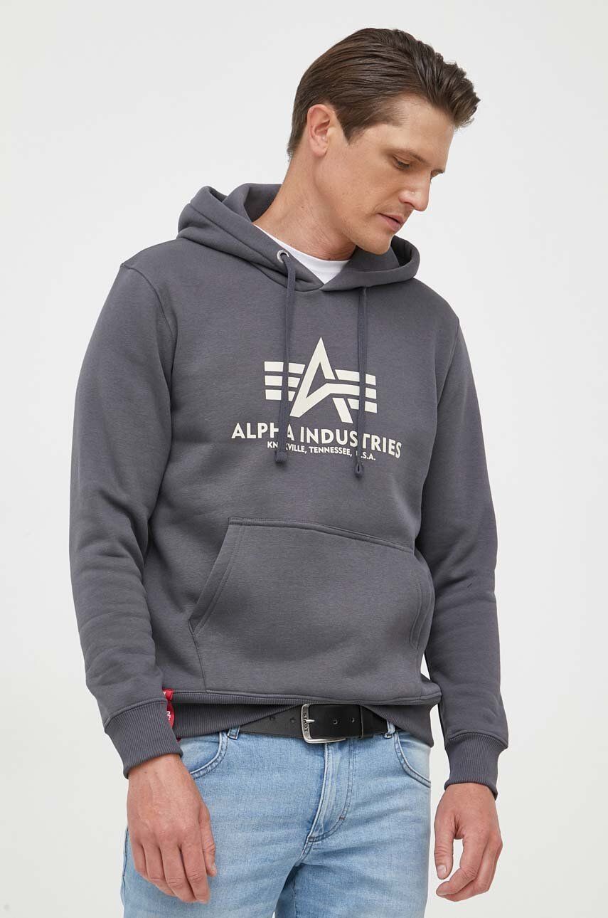 Alpha Industries bluză Basic bărbați, culoarea gri, cu glugă, cu imprimeu 178312.136-grey