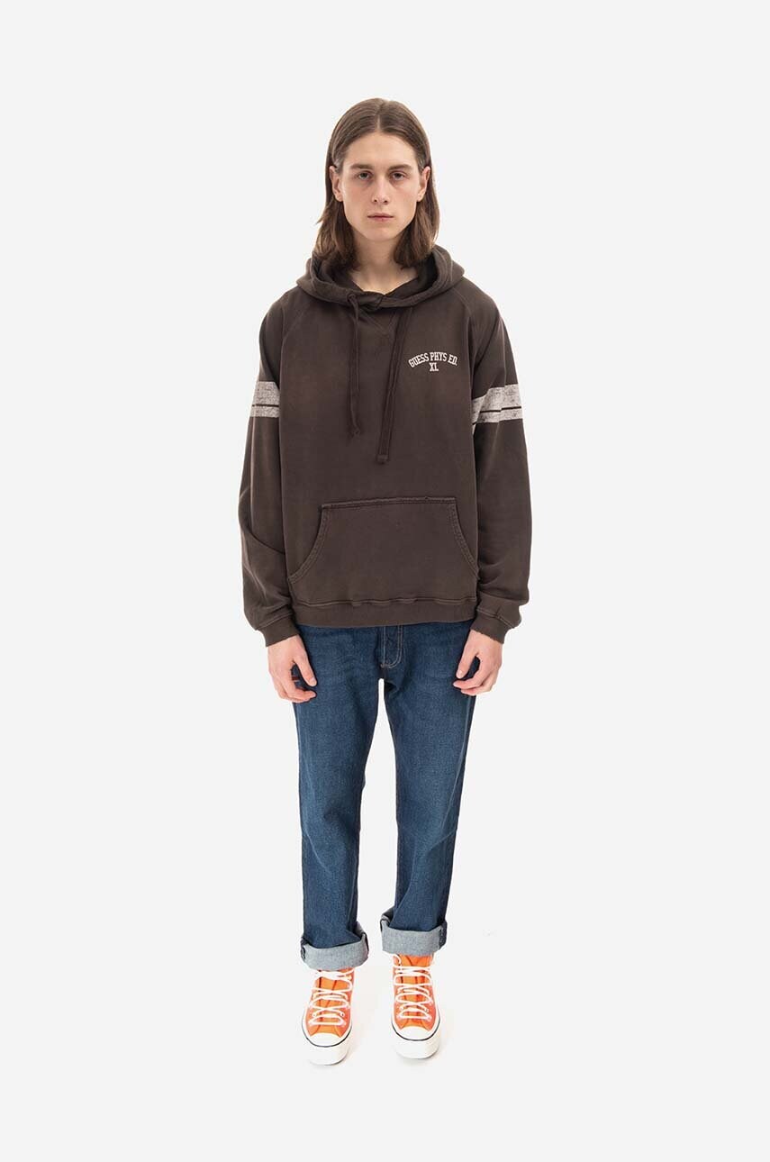 Levně Bavlněná mikina Guess Washed Hoodie pánská, hnědá barva, s kapucí, vzorovaná, M2BQ00KBB40 G1CG