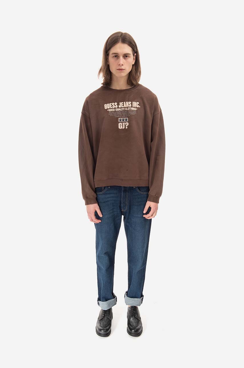 Βαμβακερή μπλούζα Guess χρώμα: καφέ, Bluza GUESS USA Crewneck Sweatshirt M2BQ03KBB40 A118 F3M2BQ03KBB40 A118 φωτογραφία