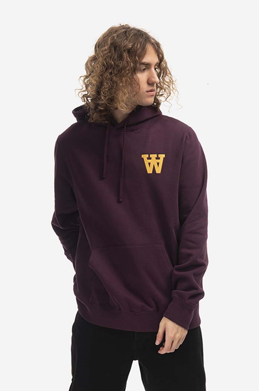 Wood wood hanorac de bumbac lan aa hoodie barbati, culoarea rosu, cu glugă, cu imprimeu 10235600.2424-burgund