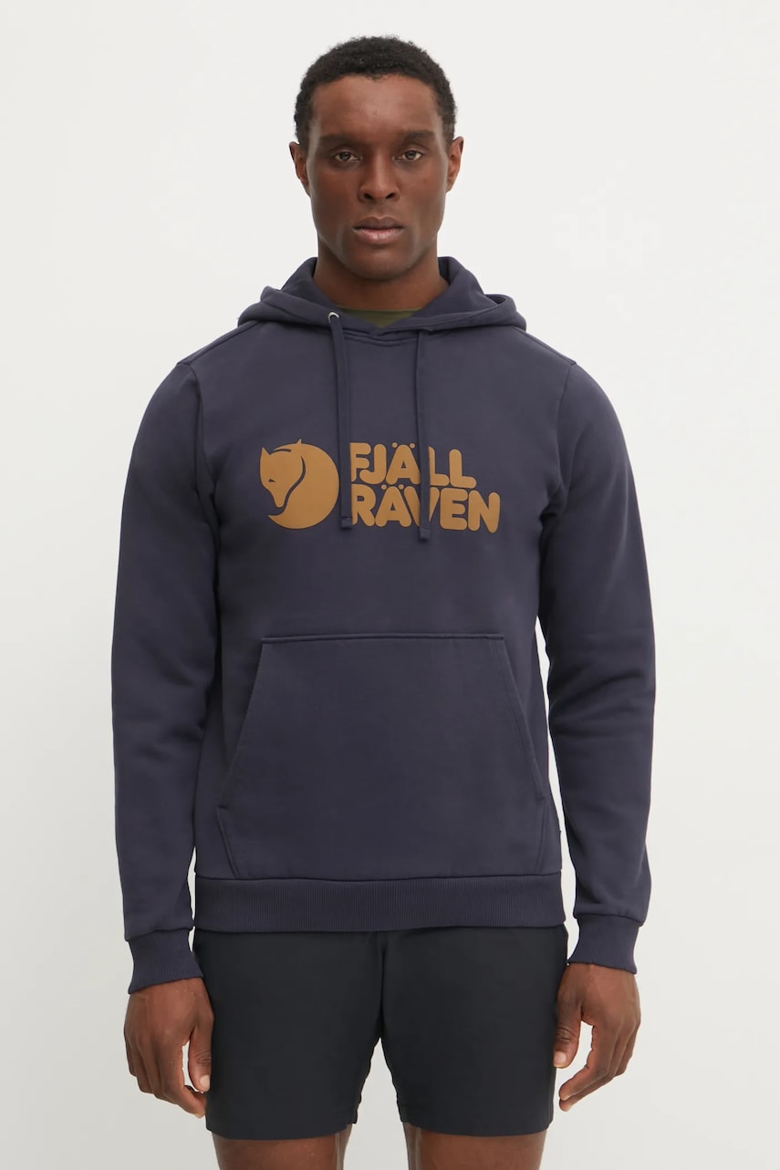 Fjallraven hanorac de bumbac barbati, culoarea albastru marin, cu glugă, modelator Fjallraven hanorac de bumbac barbati, culoarea albastru marin, cu glugă, modelator