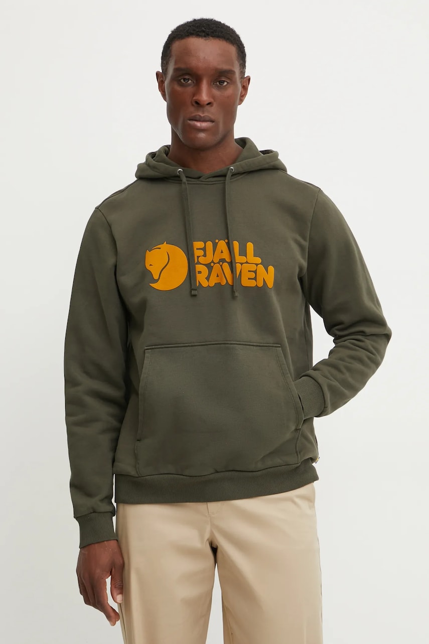 Fjallraven hanorac de bumbac barbati, culoarea verde, cu glugă, modelator Fjallraven hanorac de bumbac barbati, culoarea verde, cu glugă, modelator