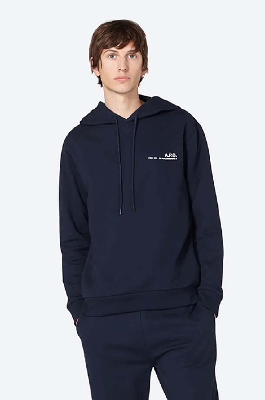 A.P.C. hanorac de bumbac Hoodie Item bărbați, culoarea bleumarin, cu glugă, uni COEAS.H27672-DARKNAVY