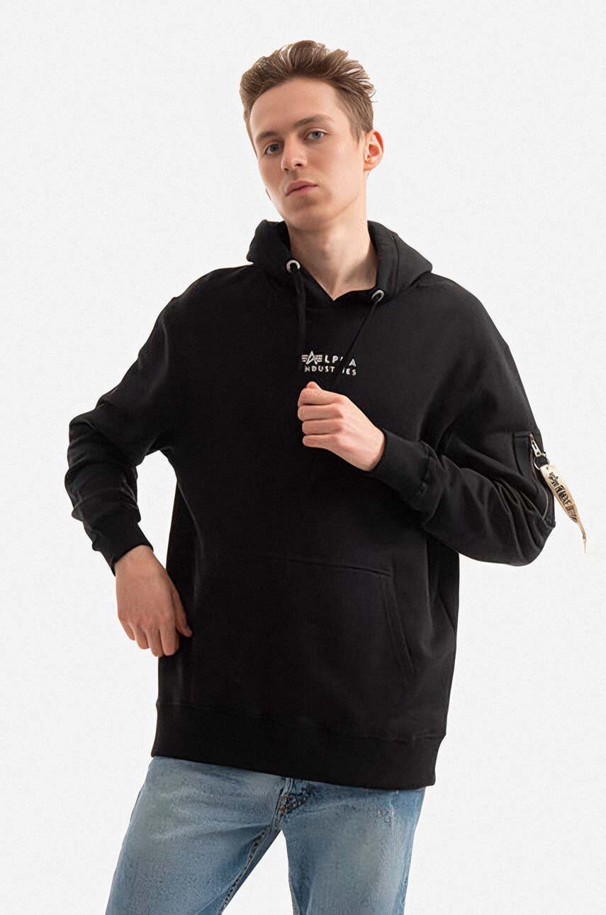 E-shop Bavlněná mikina Alpha Industries pánská, černá barva, s kapucí, hladká, 118350.649-black