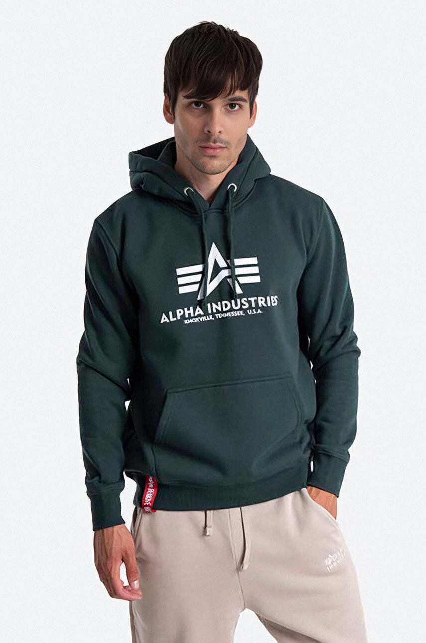 Alpha Industries bluză Basic Hoody bărbați, culoarea verde, cu glugă, cu imprimeu 178312.610-green