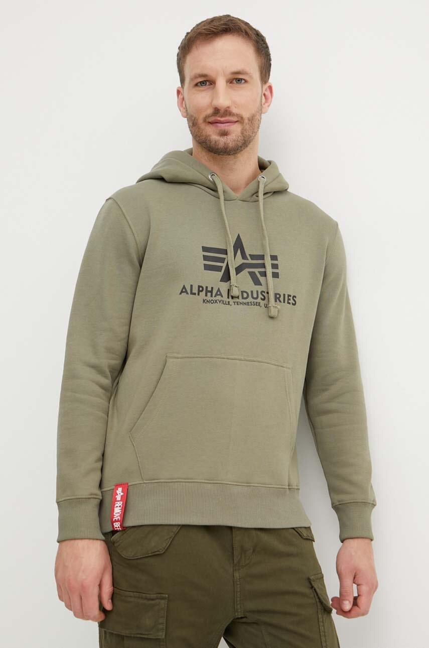 Alpha Industries bluză Basic Hoody bărbați, culoarea verde, cu glugă, cu imprimeu 178312.11