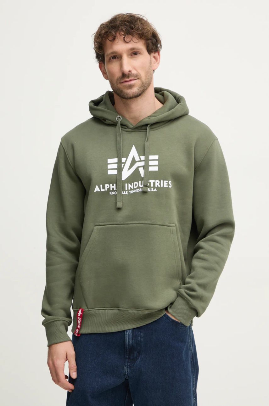 Alpha Industries bluză Basic Hoody bărbați, culoarea verde, cu glugă, cu imprimeu 178312.142-green