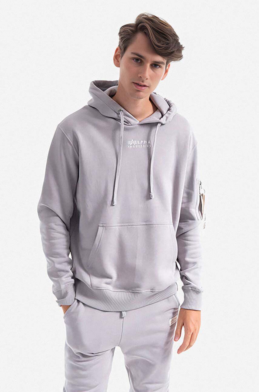 E-shop Bavlněná mikina Alpha Industries Organics Emb Hoody pánská, šedá barva, s kapucí, s aplikací, 118350.643-grey