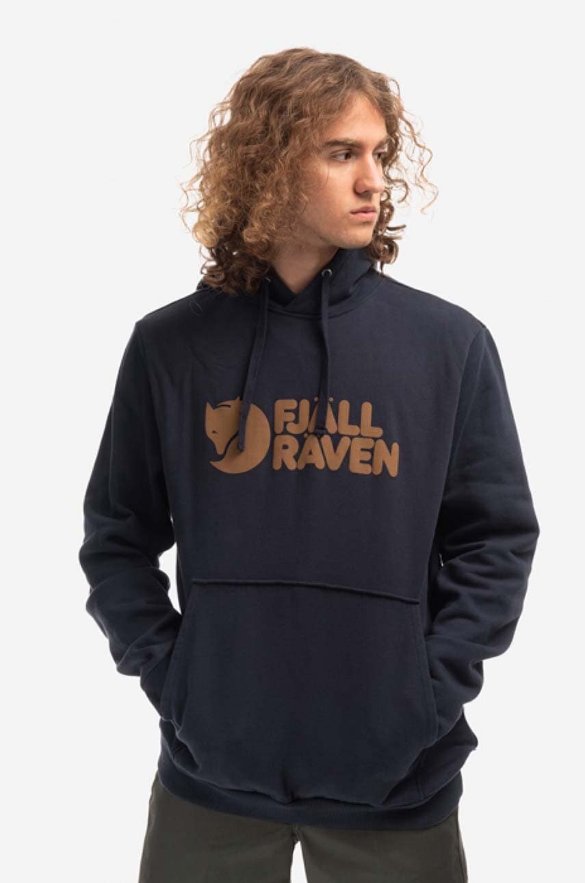 Fjallraven hanorac de bumbac bărbați, culoarea bleumarin, cu glugă, cu imprimeu F84144.555-555 Fjallraven hanorac de bumbac bărbați, culoarea bleumarin, cu glugă, cu imprimeu F84144.555-555