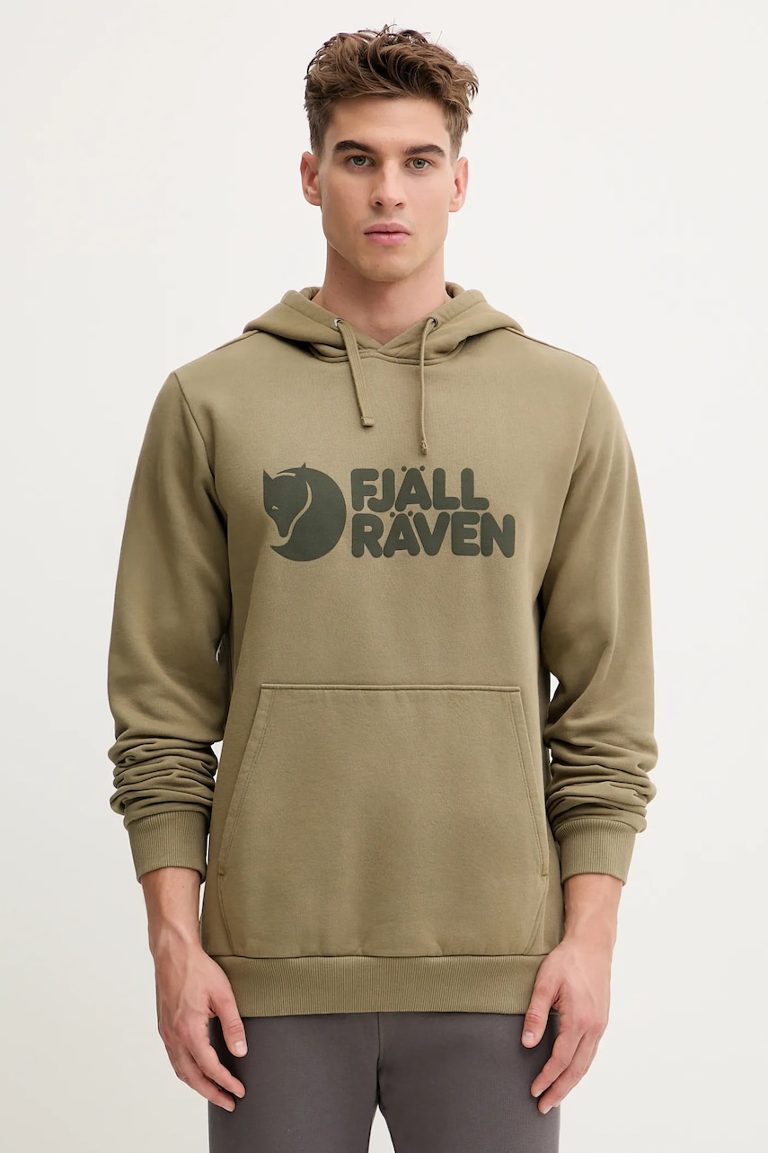 Levně Bavlněná mikina Fjallraven Logo Hoodie F84144 622 pánská, zelená barva, s kapucí, potiskem