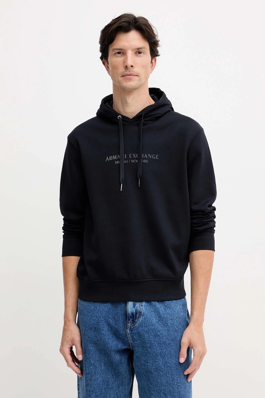 Levně Bavlněná mikina Armani Exchange pánská, tmavomodrá barva, s kapucí, s aplikací, XM001294 AF20934