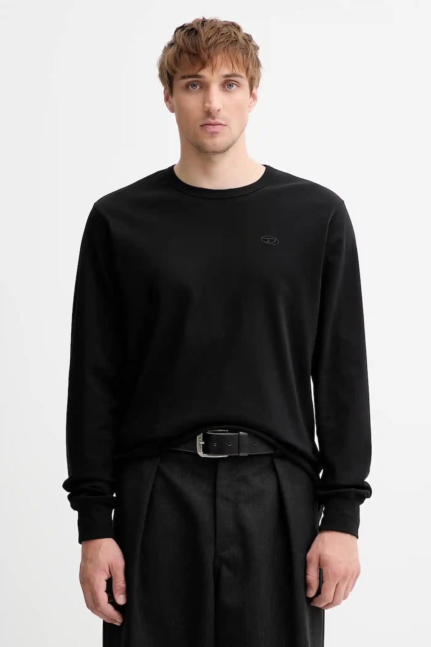Diesel longsleeve din bumbac T-ADJUST-LS-SLITS-R17 culoarea negru, uni, A18142.0AIJU