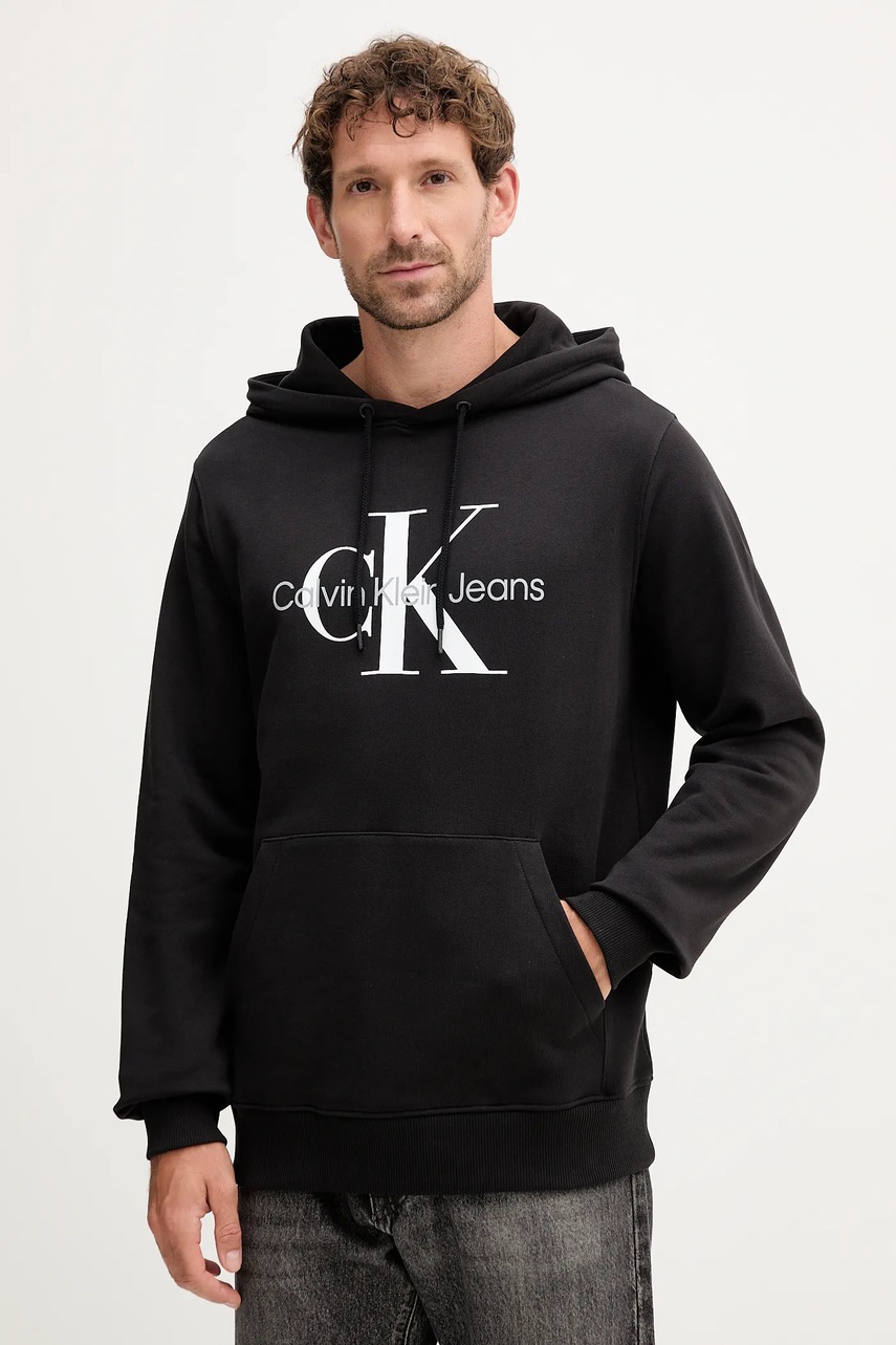Levně Bavlněná mikina Calvin Klein Jeans pánská, černá barva, s kapucí, s potiskem, J30J320934