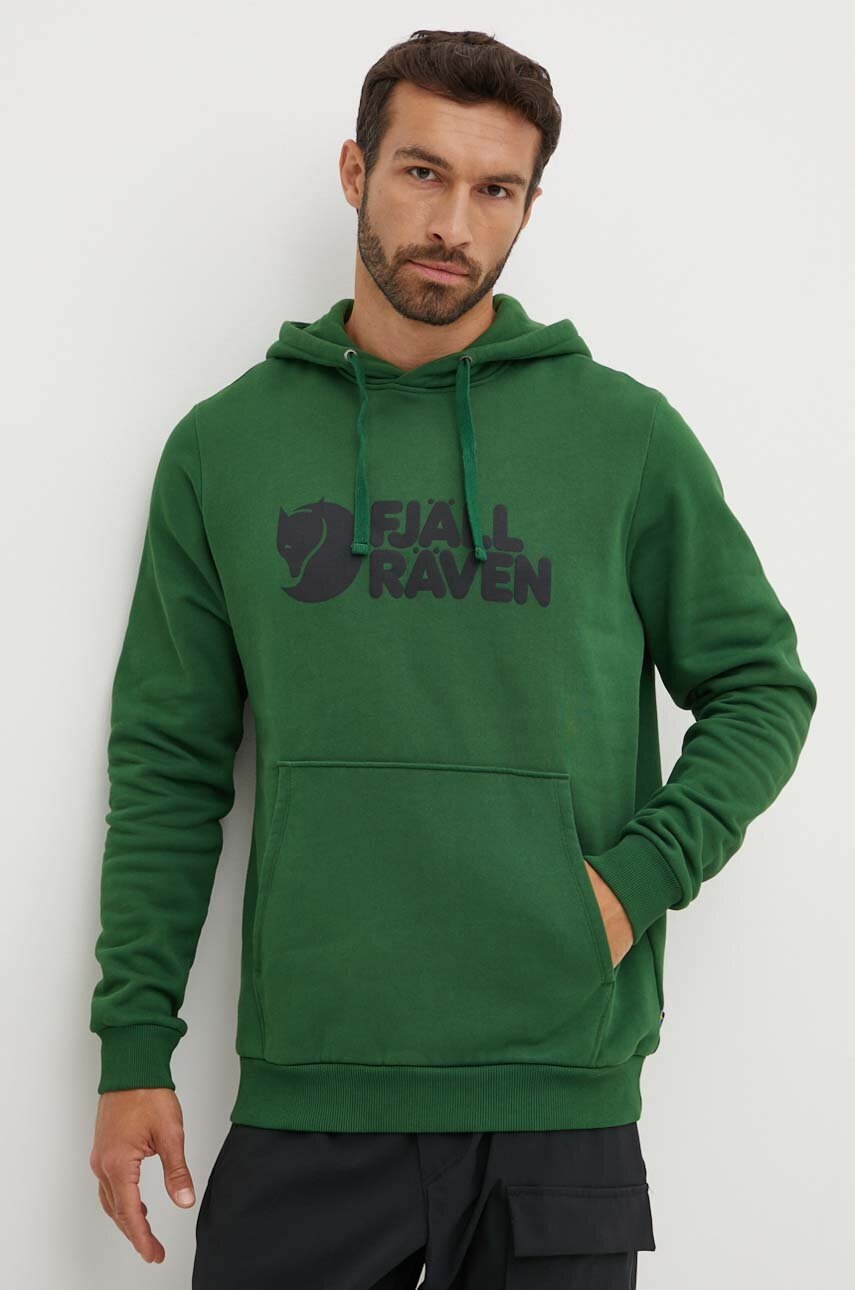 Fjallraven hanorac de bumbac Logo Hoodie culoarea verde, cu glugă, cu imprimeu 84144