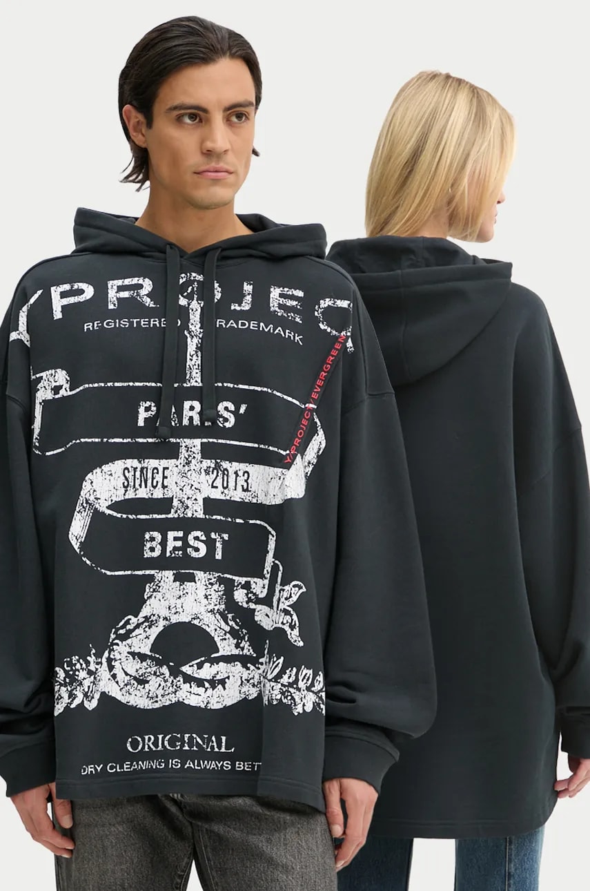 Y/Project hanorac de bumbac EVERGREEN PARIS' BEST PINCHED HOODIE culoarea negru, cu glugă, cu imprimeu, 204SH002 Y/Project hanorac de bumbac EVERGREEN PARIS' BEST PINCHED HOODIE culoarea negru, cu glugă, cu imprimeu, 204SH002