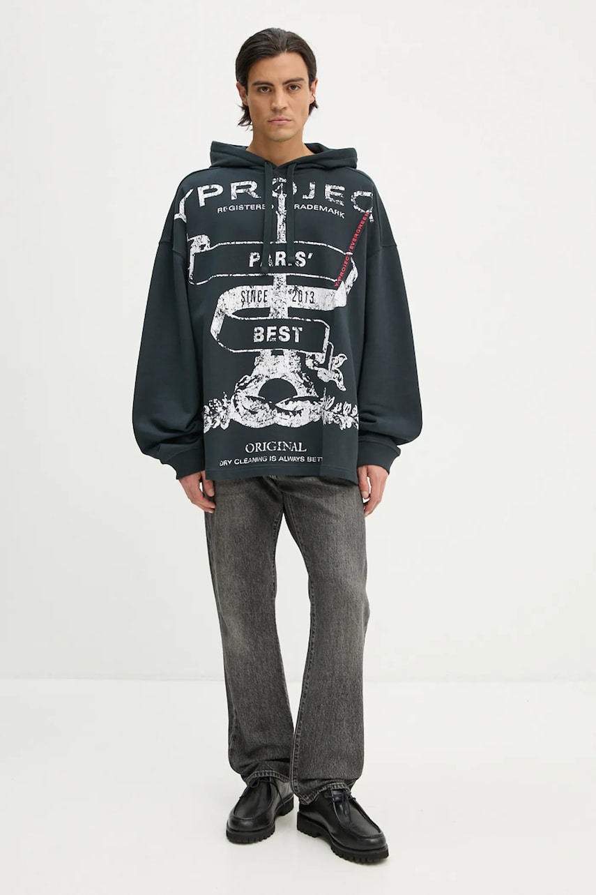 Хлопковая кофта Y/Project EVERGREEN PARIS BEST PINCHED HOODIE цвет чёрный с капюшоном с принтом 204SH002 Хлопковая кофта Y/Project EVERGREEN PARIS BEST PINCHED HOODIE цвет чёрный с капюшоном с принтом 204SH002