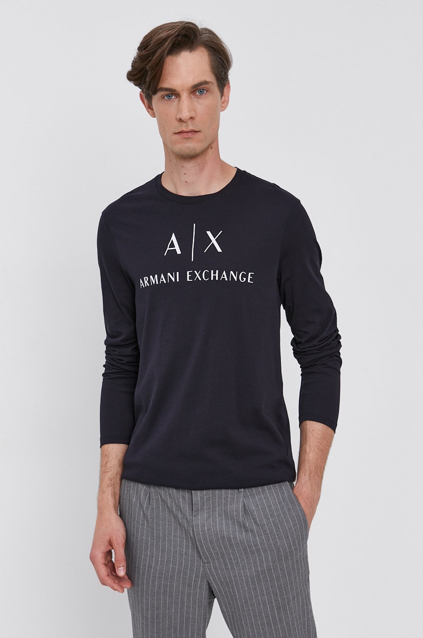 Armani Exchange Longsleeve Barbati, Culoarea Albastru Marin, Cu Imprimeu