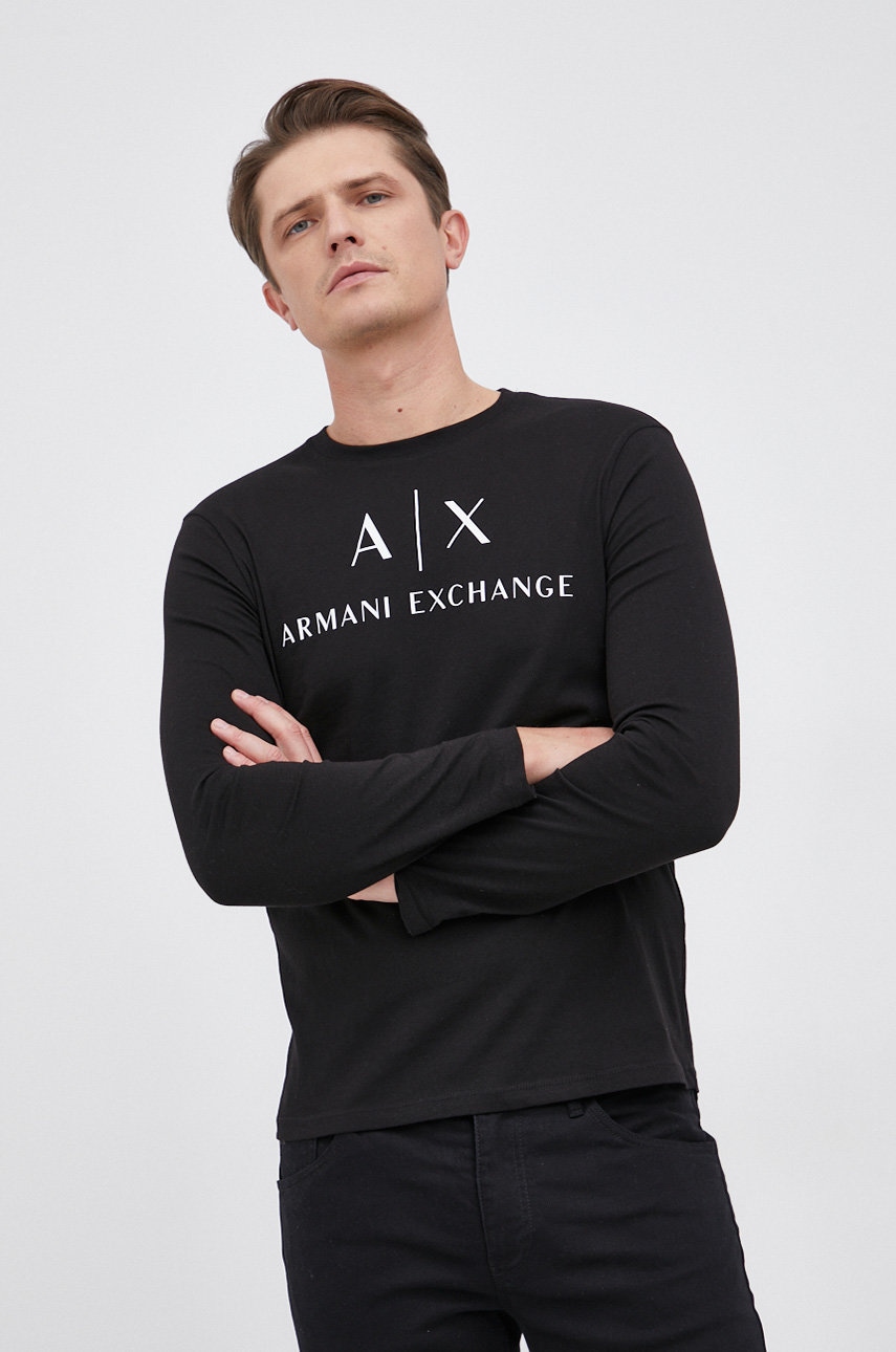 Armani Exchange Longsleeve Barbati, Culoarea Negru, Cu Imprimeu