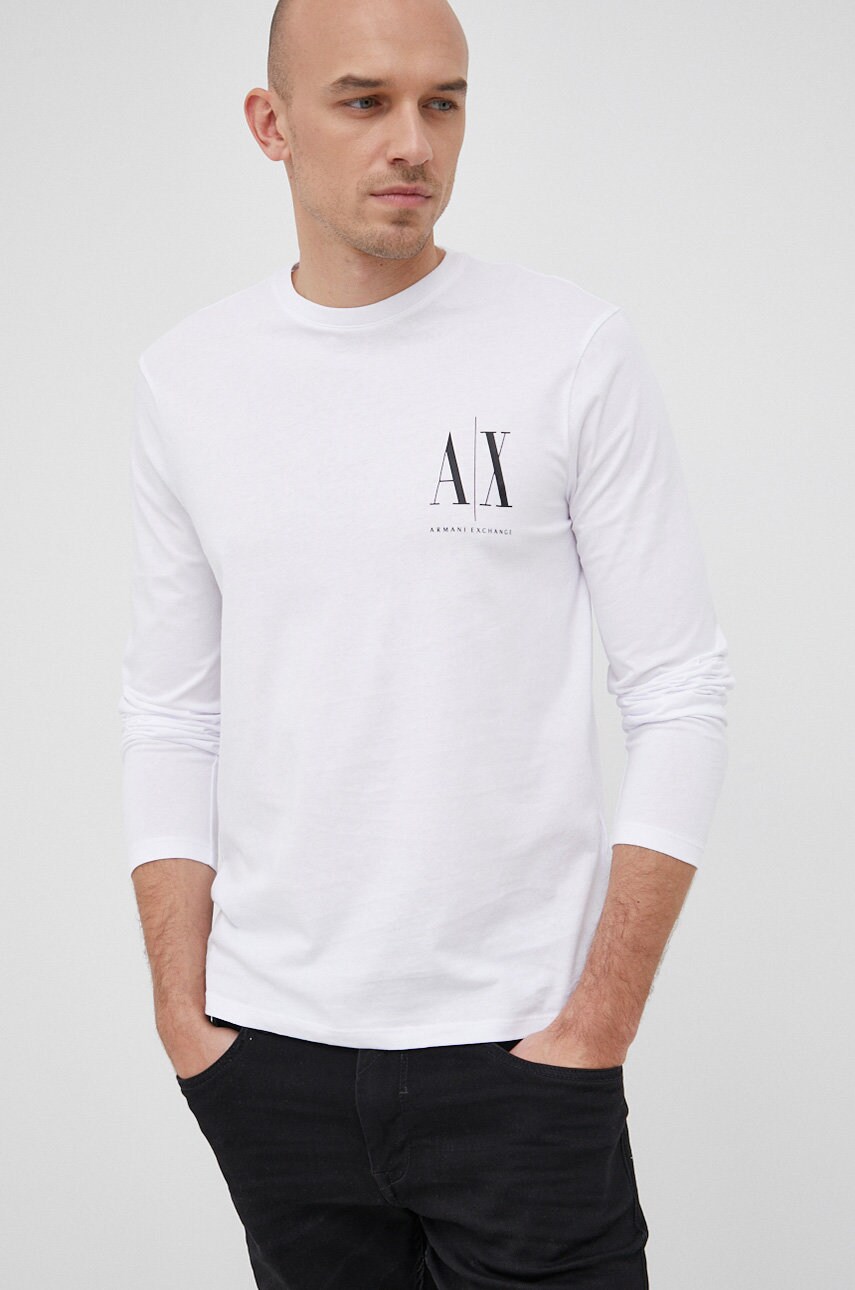 Armani Exchange Longsleeve Din Bumbac Culoarea Alb, Cu Imprimeu