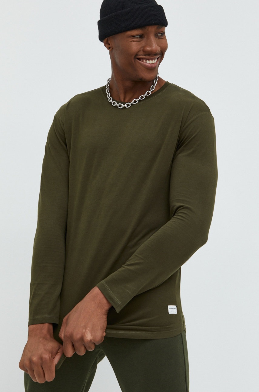 

Хлопковый лонгслив Jack & Jones цвет зелёный однотонный