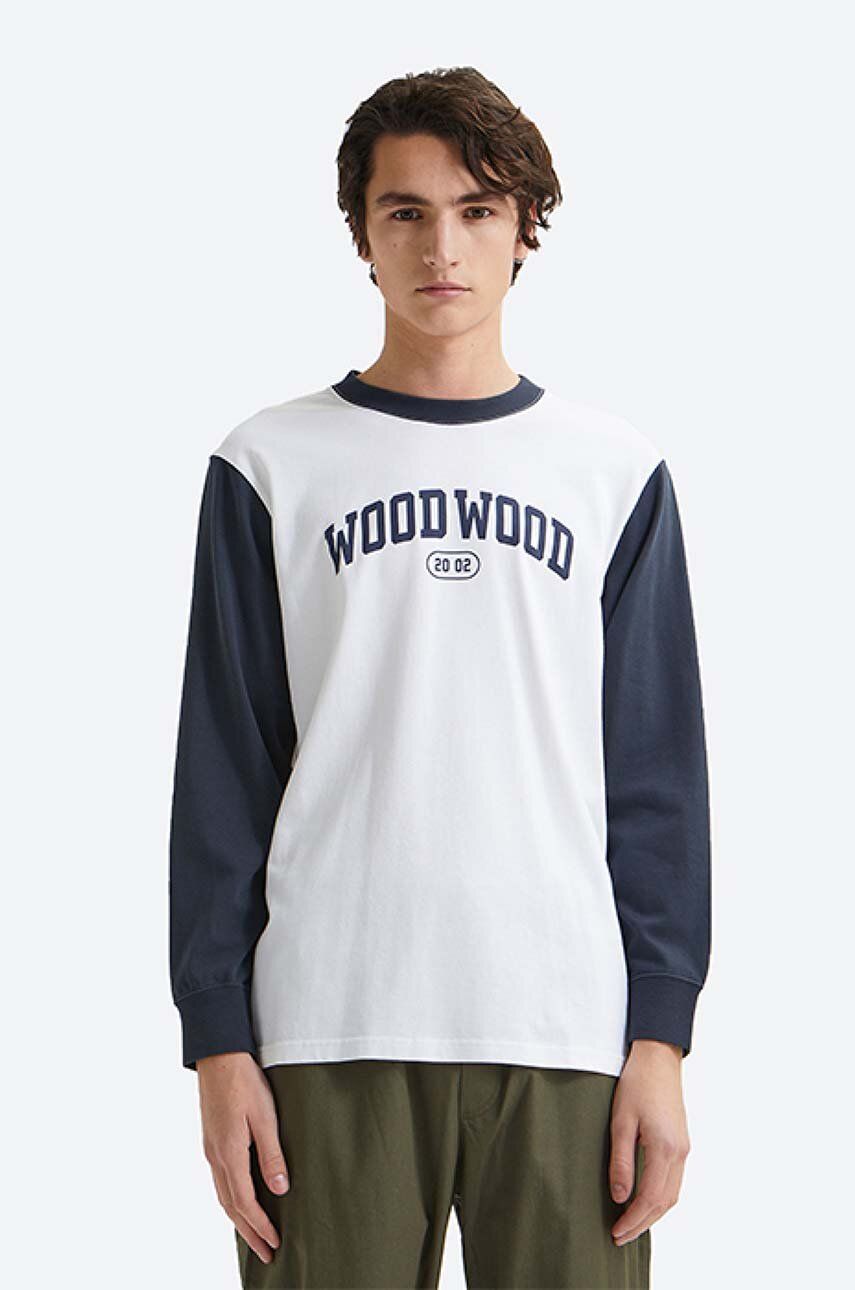 Bavlněné tričko s dlouhým rukávem Wood Wood Mark IVY Longsleeve bílá barva, s potiskem, 12135401.2489-WHITE
