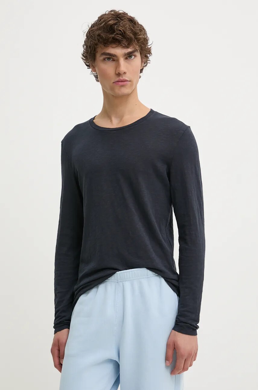 American Vintage longsleeve din bumbac culoarea albastru marin, neted
