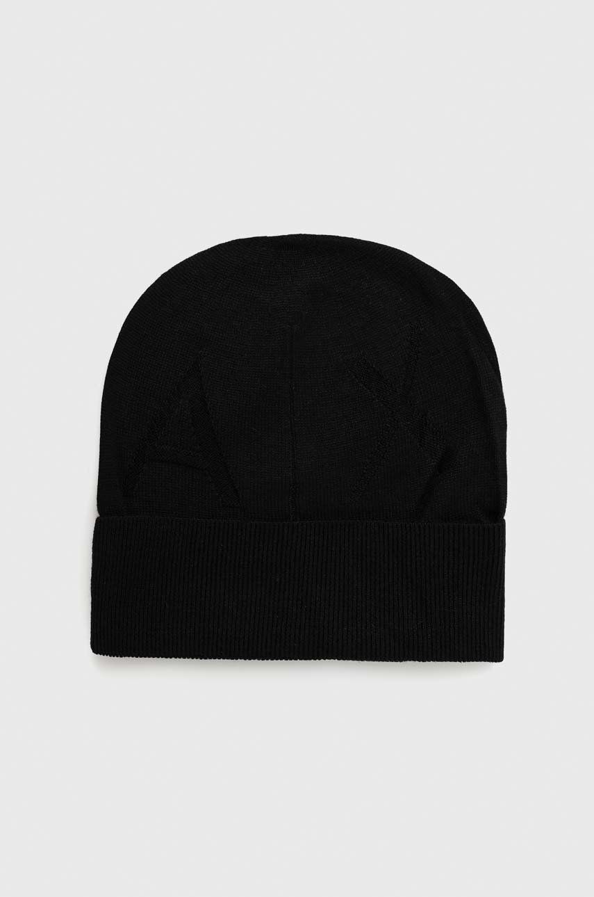 Armani Exchange czapka wełniana kolor czarny z cienkiej dzianiny wełniana