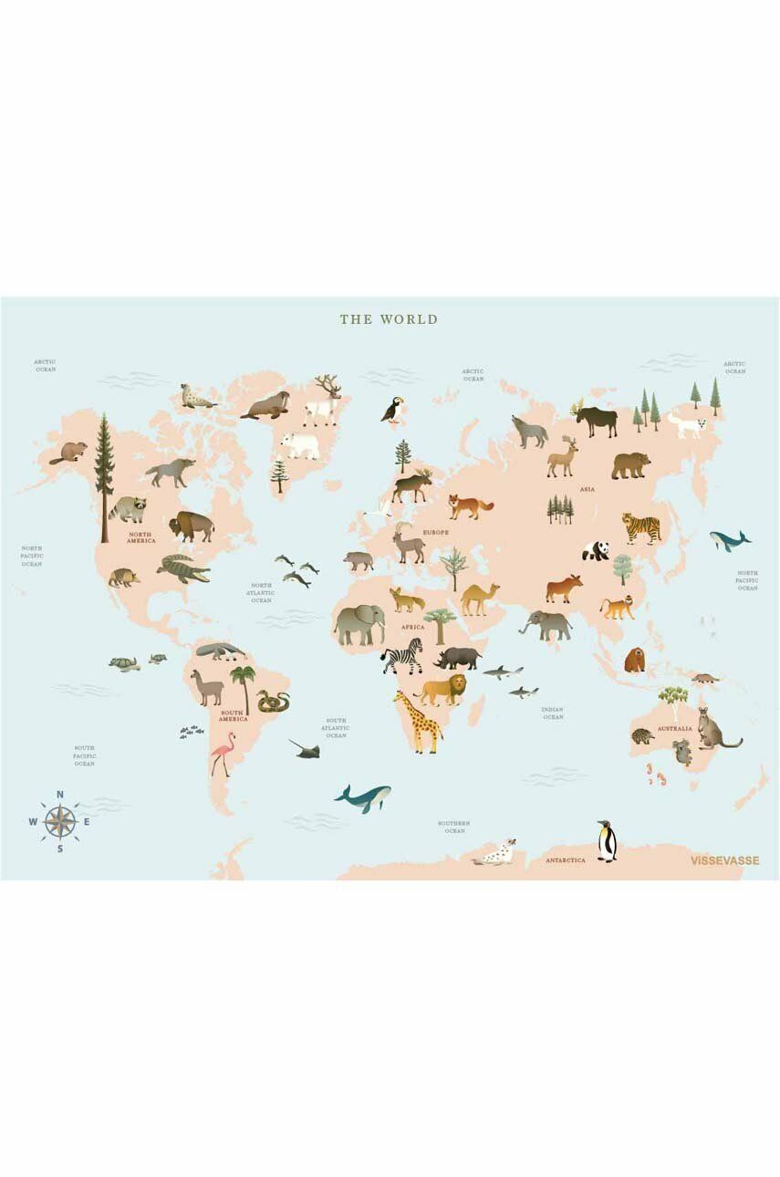 Plakát Vissevasse World Map Animal 30 x 40 cm - vícebarevná -  Papír