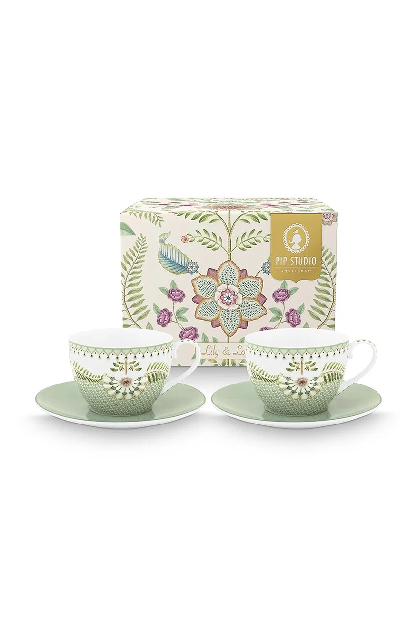 Pip Studio set de cești și farfurioare pentru 2 persoane. Lily&Lotus 280 ml culoarea verde