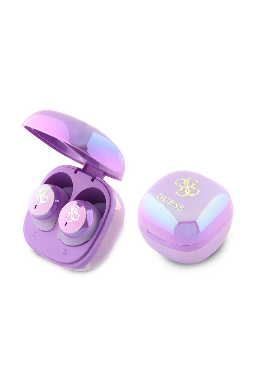 Levně Bezdrátová sluchátka do uší Guess Iridescent 4G Printed Logo fialová barva