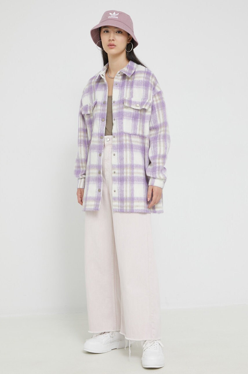 Noisy may camasa femei, culoarea violet, cu guler clasic, relaxed