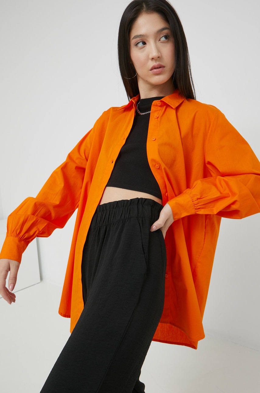 Only camasa din bumbac femei, culoarea portocaliu, cu guler clasic, regular