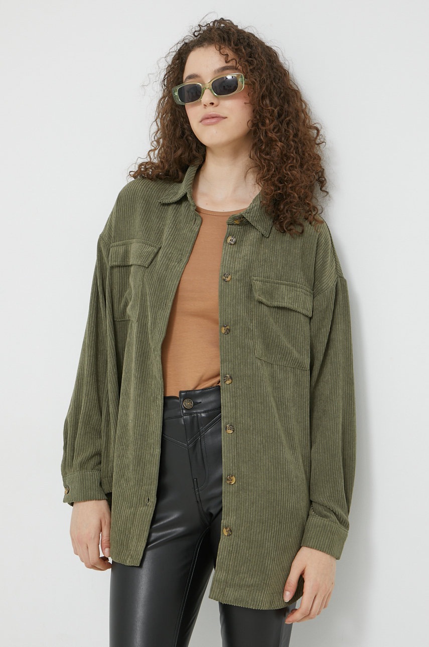 Noisy may camasa din velur flanny femei, culoarea verde, cu guler clasic, relaxed