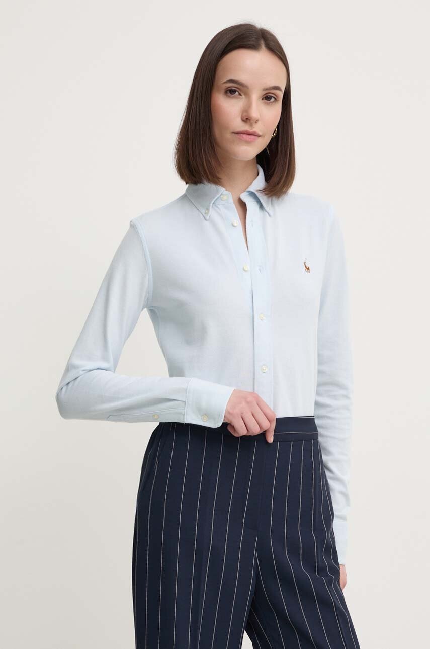 

Памучна риза Polo Ralph Lauren дамска в синьо със стандартна кройка с класическа яка 211924258, Син