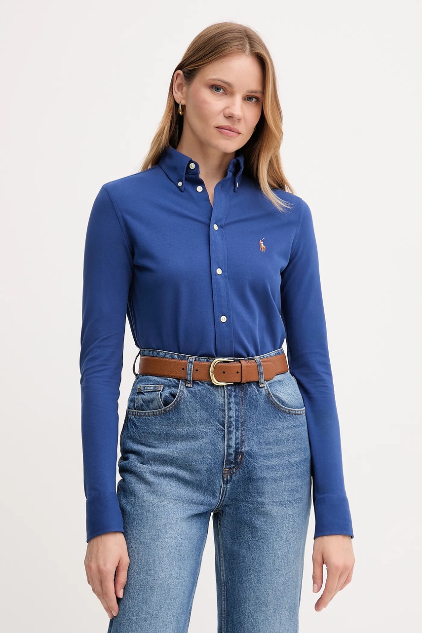 Levně Bavlněná košile Polo Ralph Lauren dámská, černá barva, regular, s klasickým límcem, 211924258