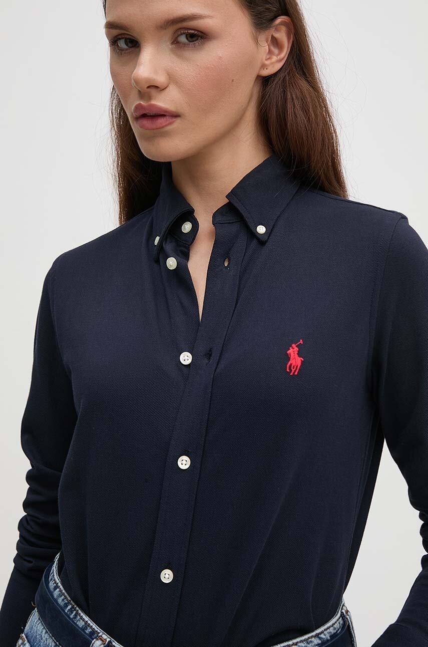 

Памучна риза Polo Ralph Lauren дамска в тъмносиньо със стандартна кройка с класическа яка 211924258, Тъмносин