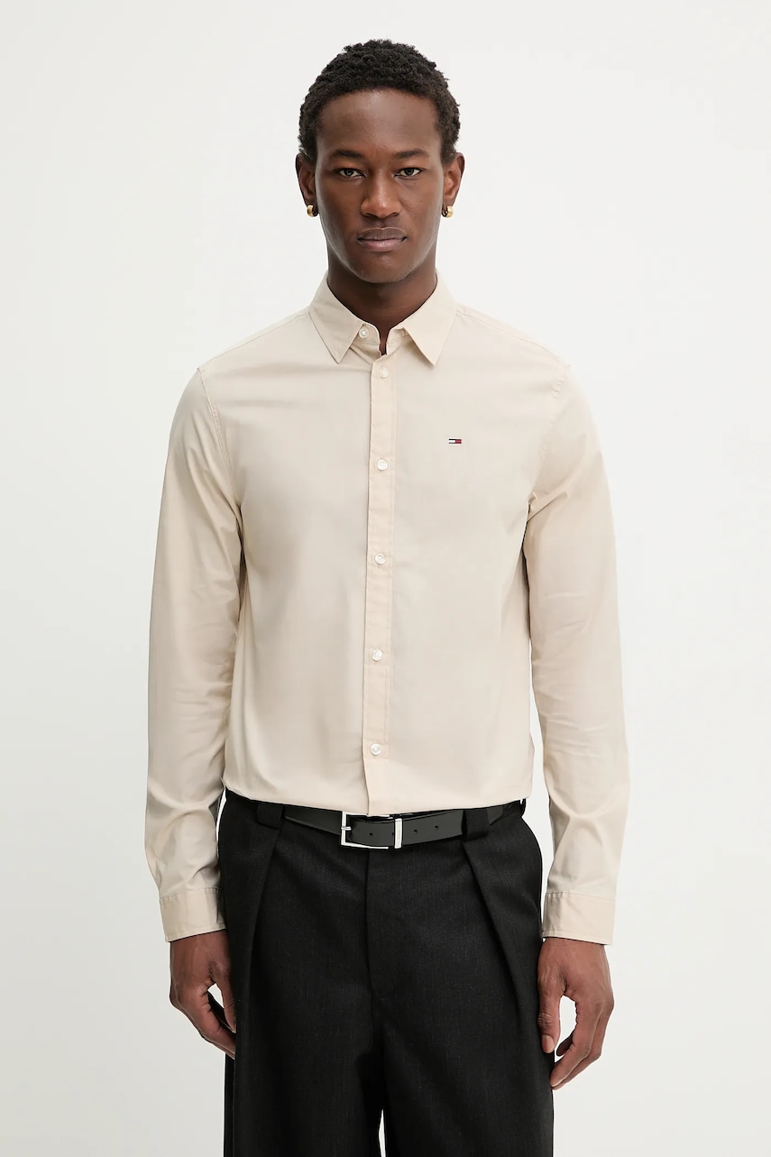 Tommy Jeans koszula męska kolor beżowy slim z kołnierzykiem klasycznym DM0DM04405