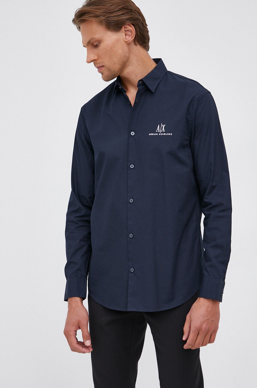 Armani exchange cămașă din bumbac bărbați, culoarea albastru marin, cu guler clasic, regular