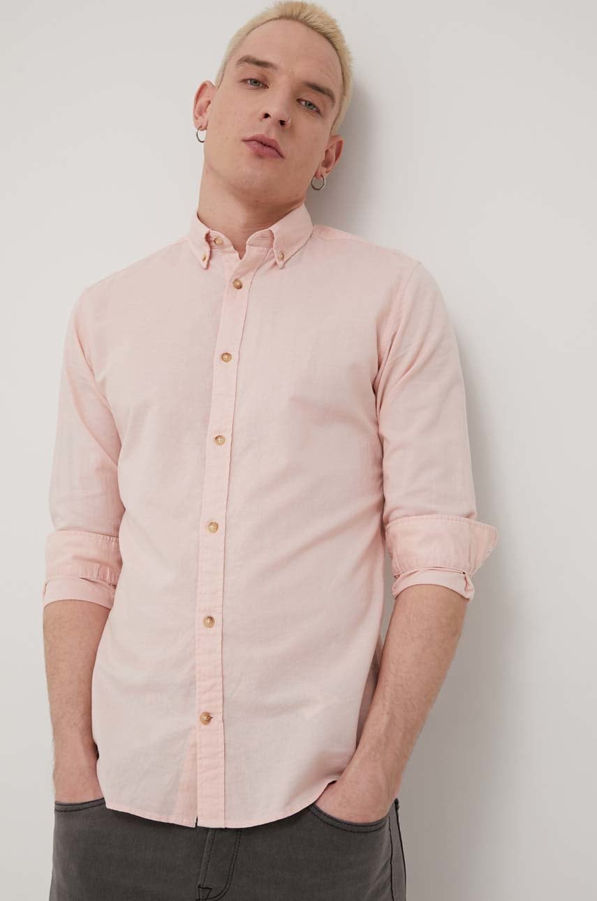 Jack & jones camasa din amestec de in barbati, culoarea roz, cu guler button-down, slim