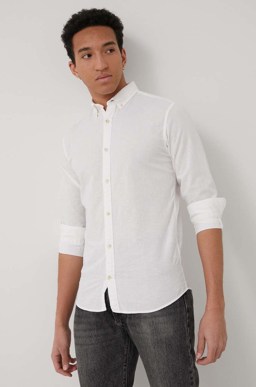 Jack & jones cămașă de in barbati, culoarea alb, cu guler button-down, regular