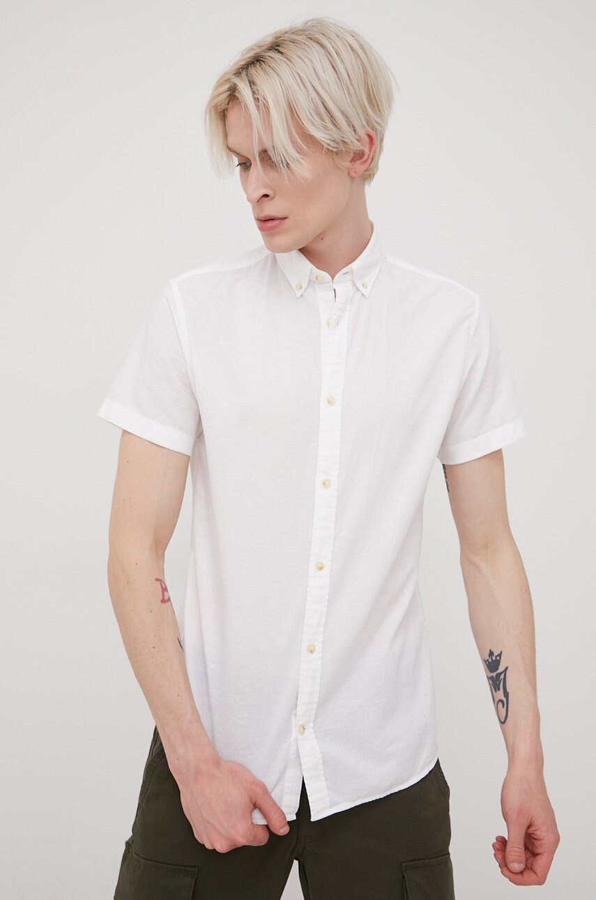 Jack & jones camasa din amestec de in barbati, culoarea alb, cu guler button-down, slim