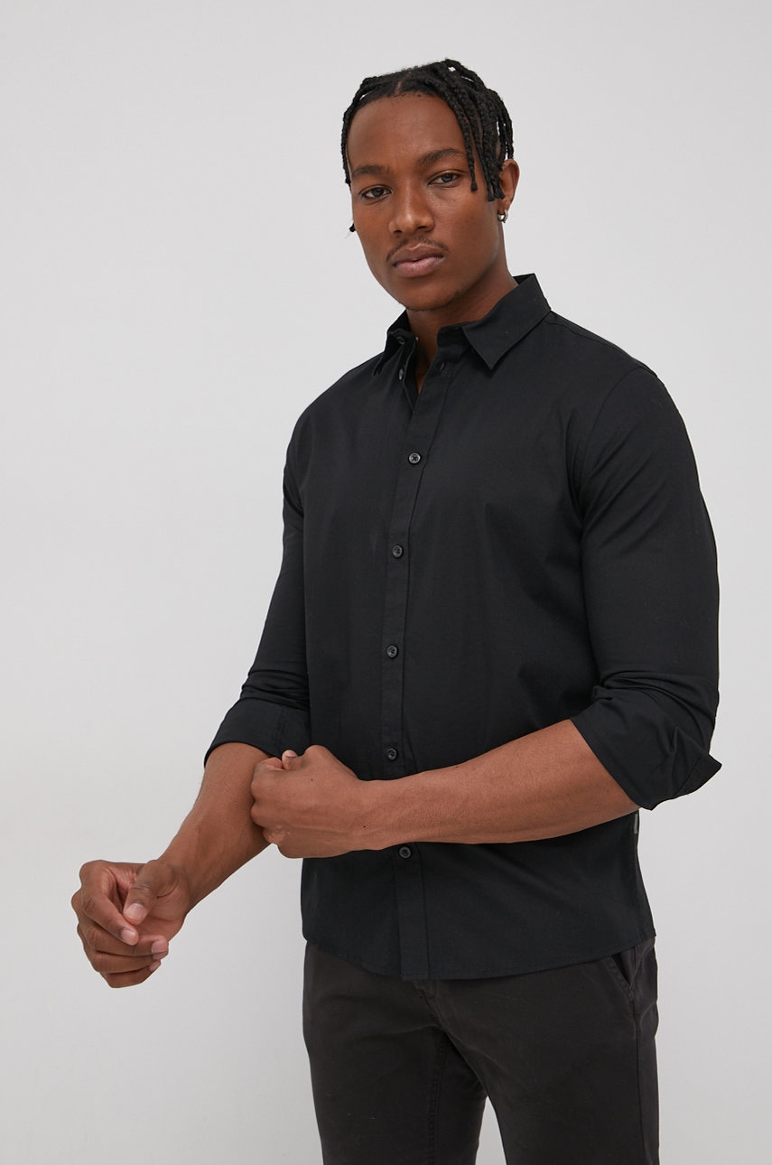Solid Cămașă bărbați, culoarea negru, cu guler button-down, regular