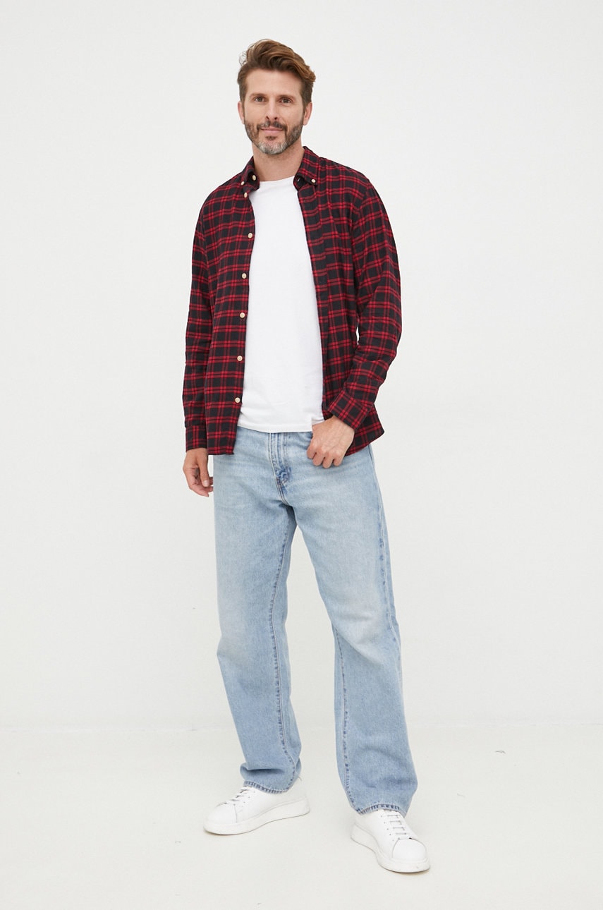 Selected homme camasa din bumbac barbati, culoarea rosu, cu guler button-down, slim